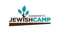 Logo with stylized tree leaves above the text 'Jewish Camp' in brown and teal colors.