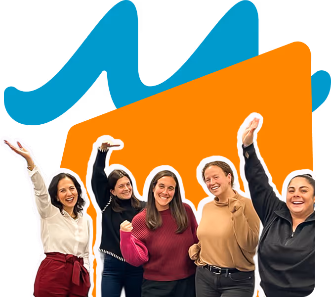 A group of five diverse women smiling and raising their arms in celebration against a blue and orange abstract background.