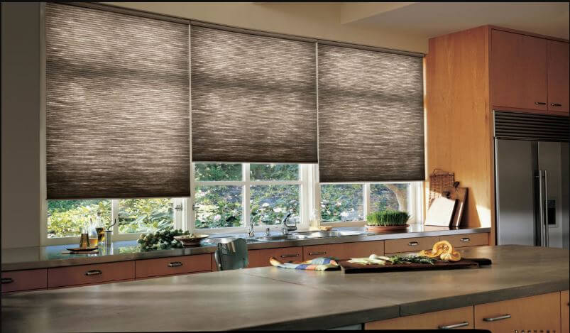 Truckee, CA window coverings with dark cellular shades in a modern kitchen