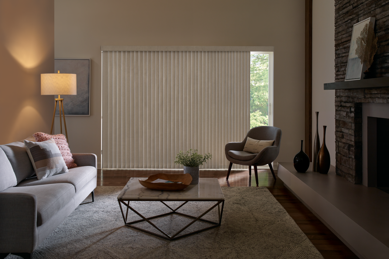 Somner vertical blinds spanning a sliding glass door
