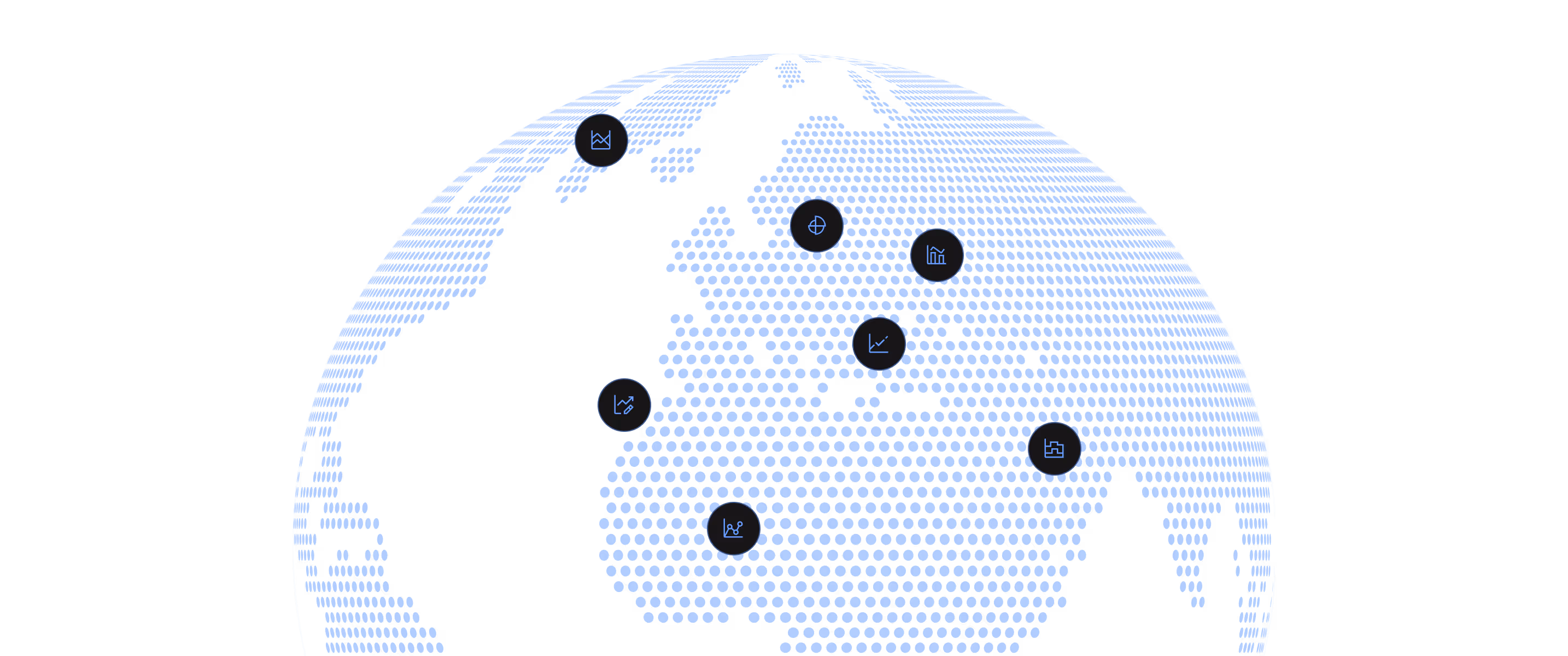 Digital globe made of blue dots highlighting Europe, North Africa, and Asia with icons of charts and graphs overlaid on several locations.