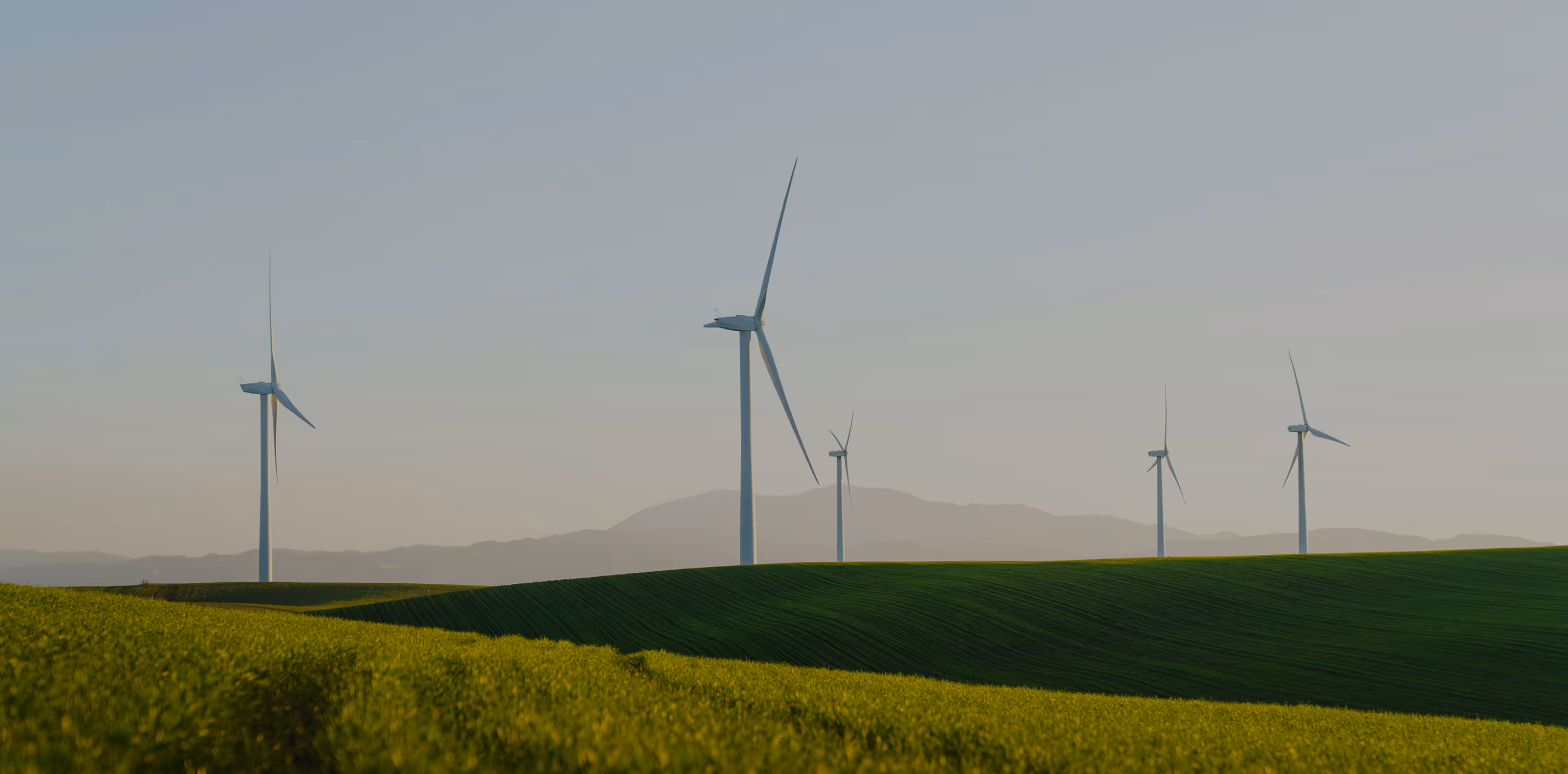 Several wind turbines on rolling green hills under a clear sky with distant mountains.