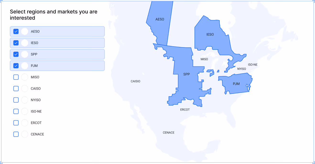Map of North America with selectable regions marked AESO, IESO, SPP, PJM, MISO, CAISO, NYISO, ISO-NE, ERCOT, and CENACE, with AESO, IESO, SPP, and PJM checked in a selection box on the left.