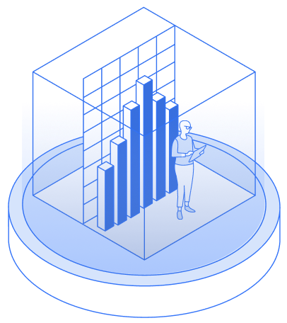 Person analyzing a 3D bar chart inside a transparent cube on a circular platform.