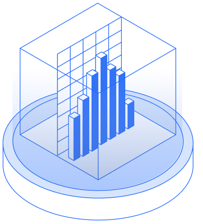 3D blue bar chart with varying heights inside a transparent cube on a circular platform