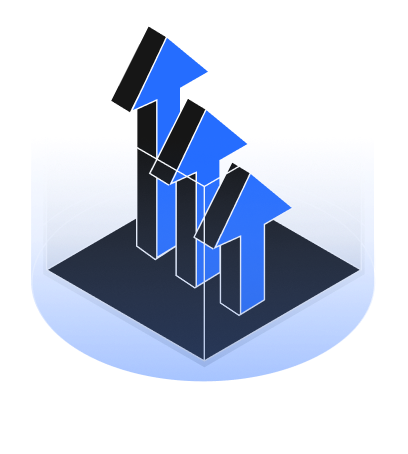 Three blue upward arrows inside a transparent cube placed on a blue circular base.