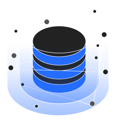 Abstract database icon with stacked cylinders connected by nodes on a circular base.