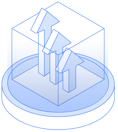 Three upward arrows inside a transparent cube on a circular base representing growth.