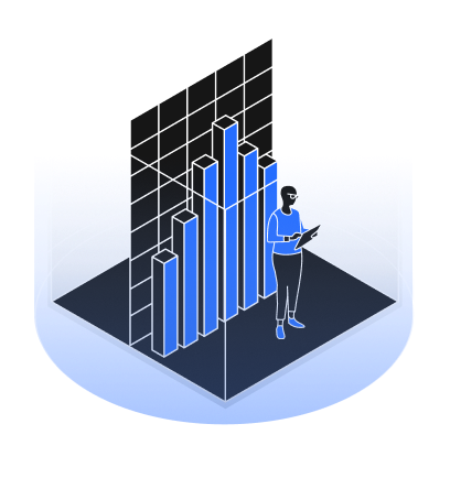 Person analyzing a 3D bar chart inside a transparent cube with a blue circular base.