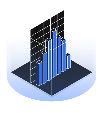 3D bar chart inside a transparent cube on a blue circular platform.