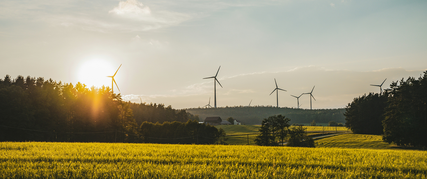 Wind turbines on a forested hill under a setting sun with a green field in the foreground.
