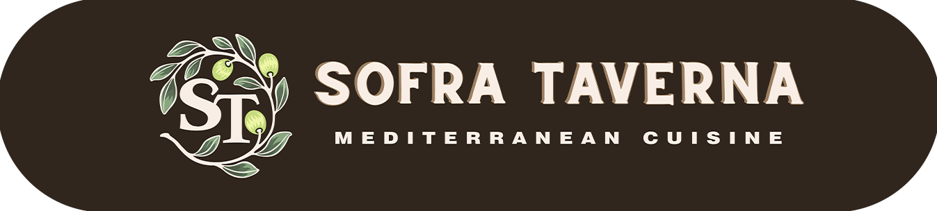 Logo with stylized letters ST surrounded by olive branches, next to the text Sofra Taverna Mediterranean Cuisine on a dark background.