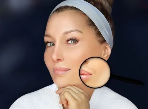 A woman looking through a magnifying glass.