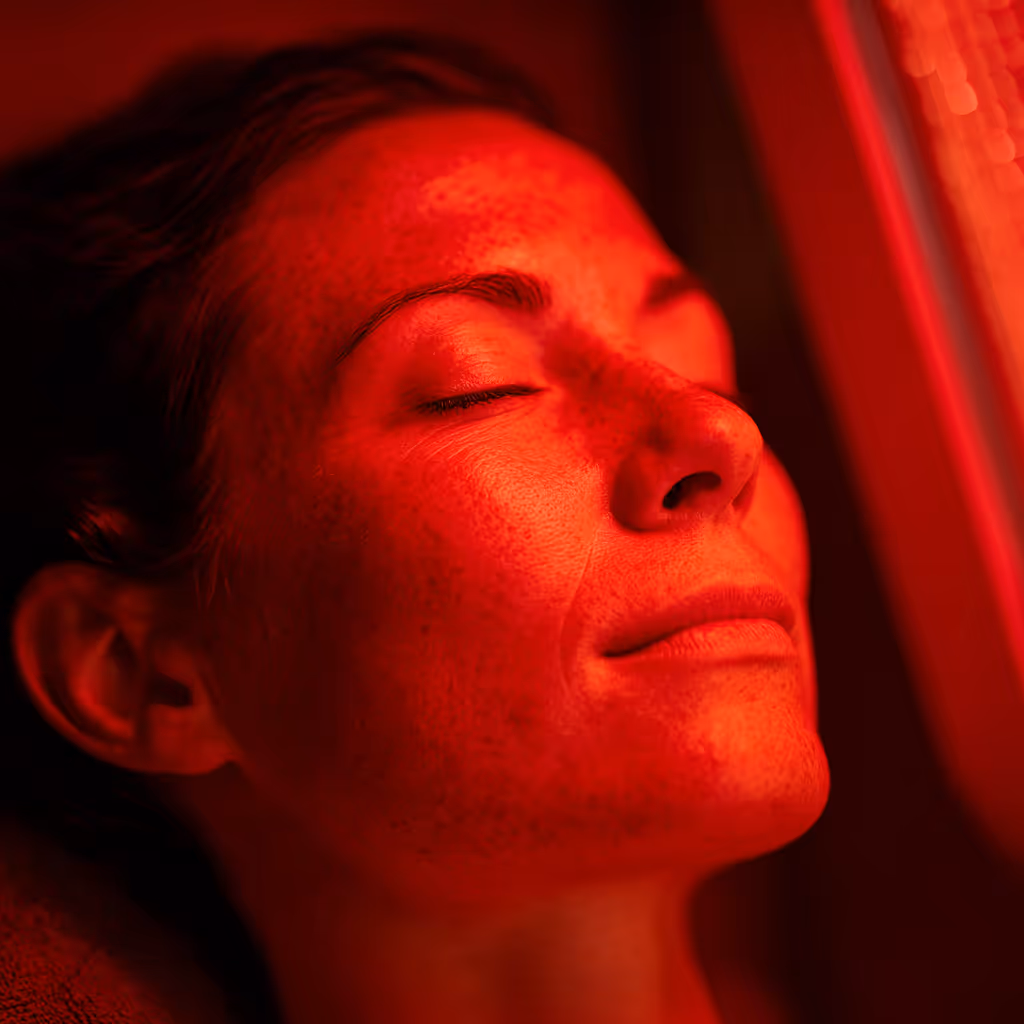 Close-up of a woman's face illuminated by red light with eyes closed, appearing relaxed.