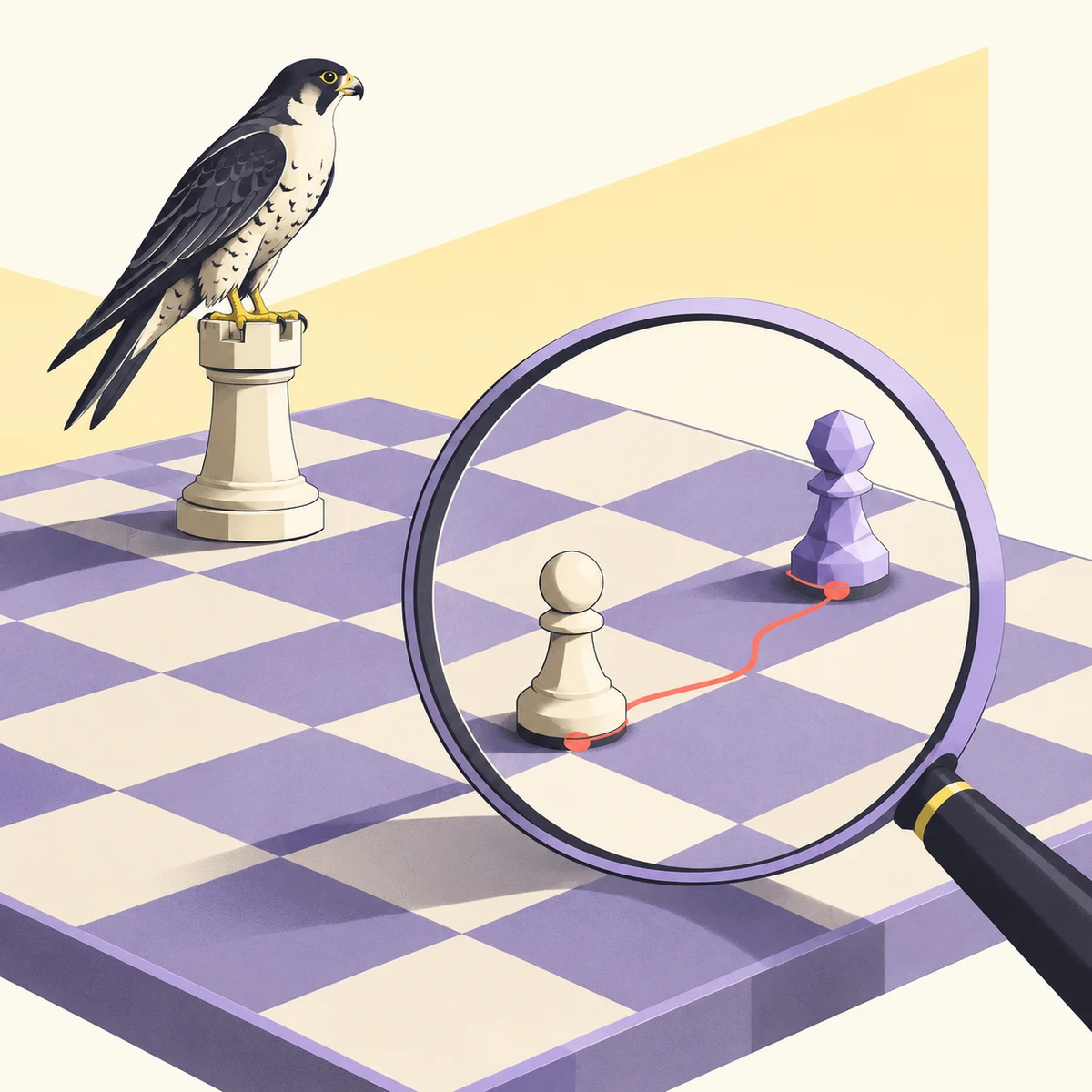 A falcon watches a chessboard while a magnifying glass connects human and AI pawns in one investigation.