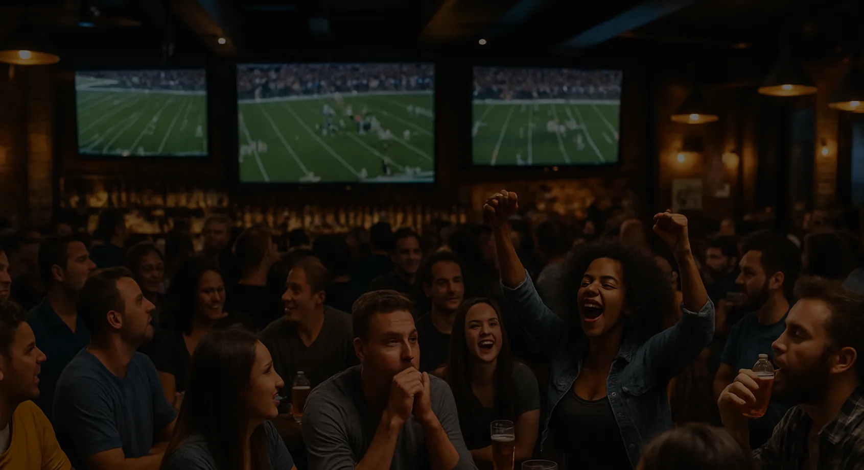 Fans cheering in a bar beneath wall-mounted TVs