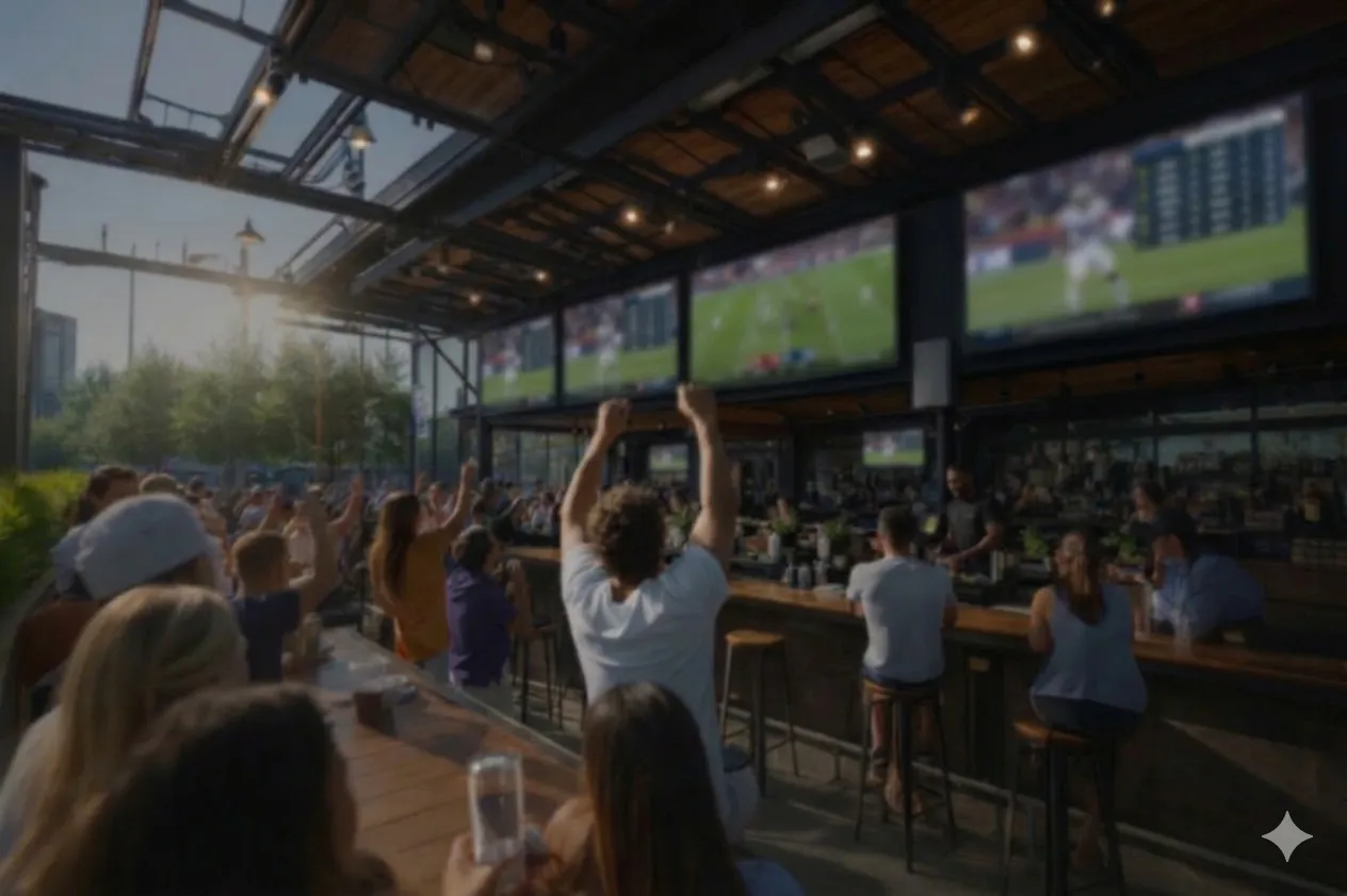 Fans celebrating at an open-air bar with large outdoor screens