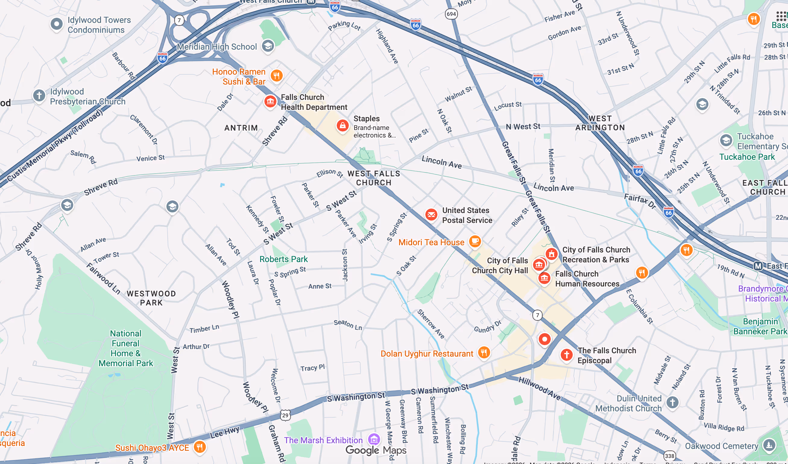 google maps graphic of the falls church location