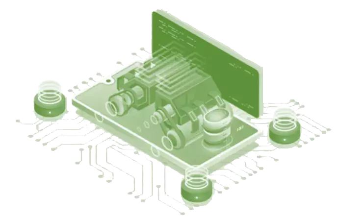 An isometric illustration of a camera sitting on top of a motherboard.