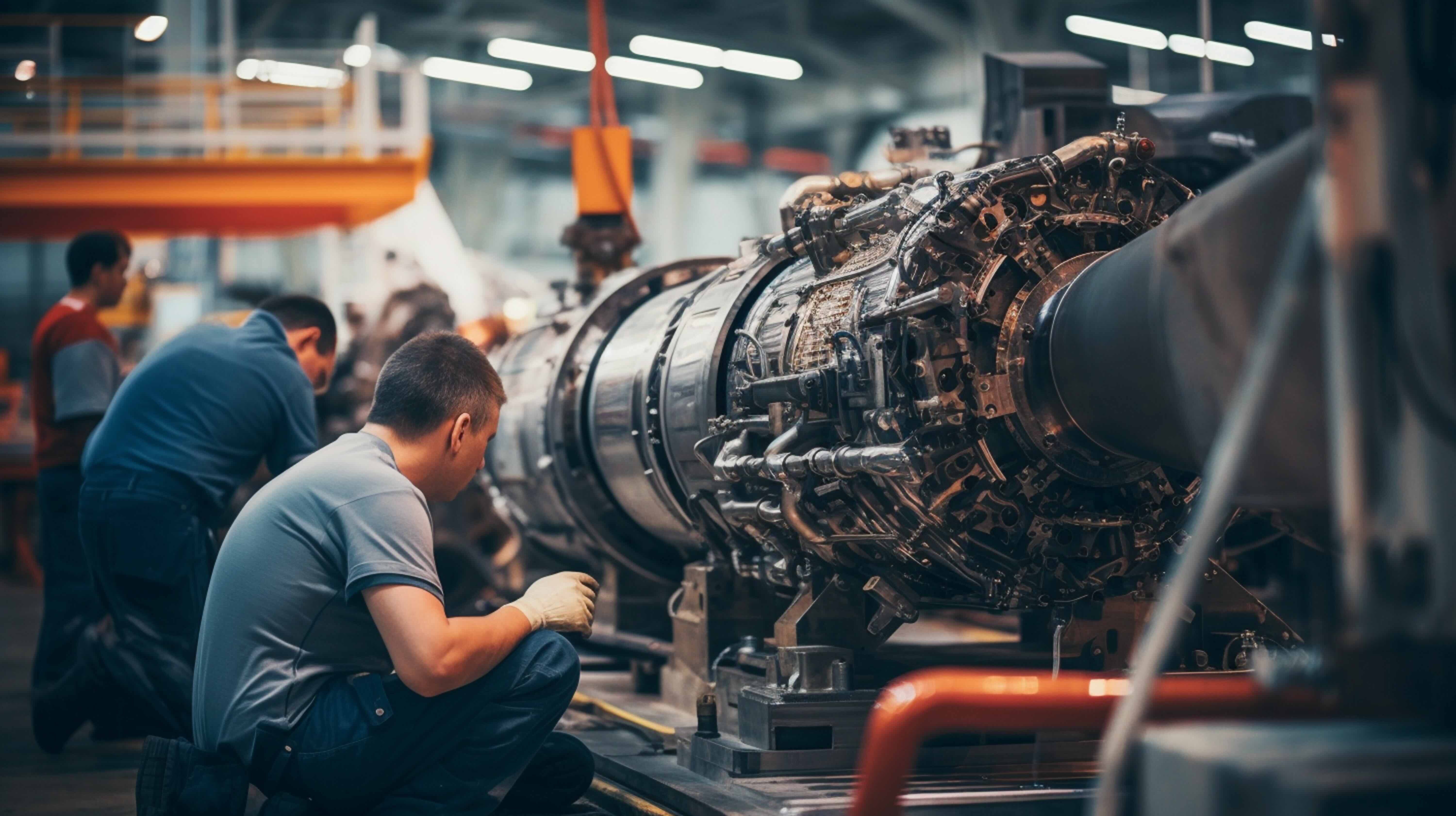 Assembly line workers building a rocket ship.