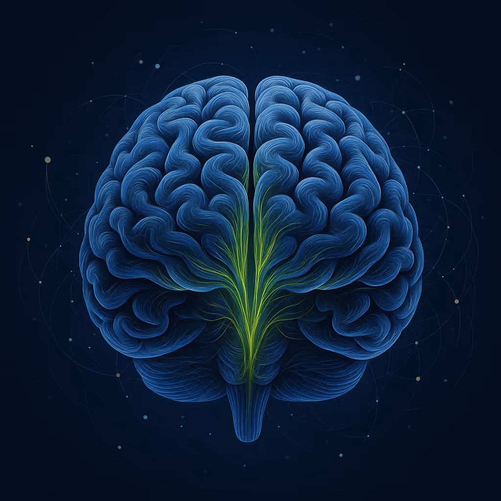 Digital illustration of a blue human brain with glowing green neural pathways on a dark background.