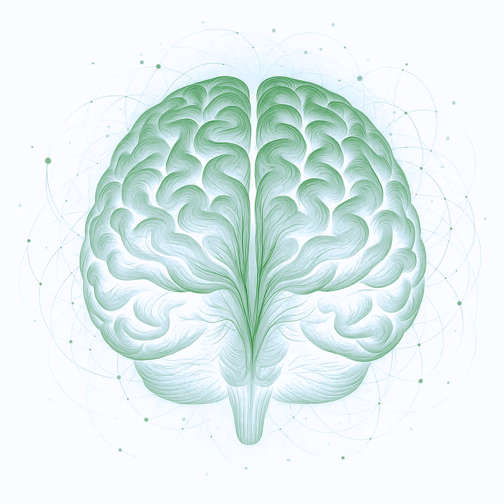 Stylized green illustration of a human brain with neural network connections surrounding it.