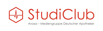 StudiClub logo with a red heartbeat line inside a hexagon and the text 'StudiClub' in red, followed by 'Avenzi – Mediengruppe Deutscher Apotheker' in smaller black font.