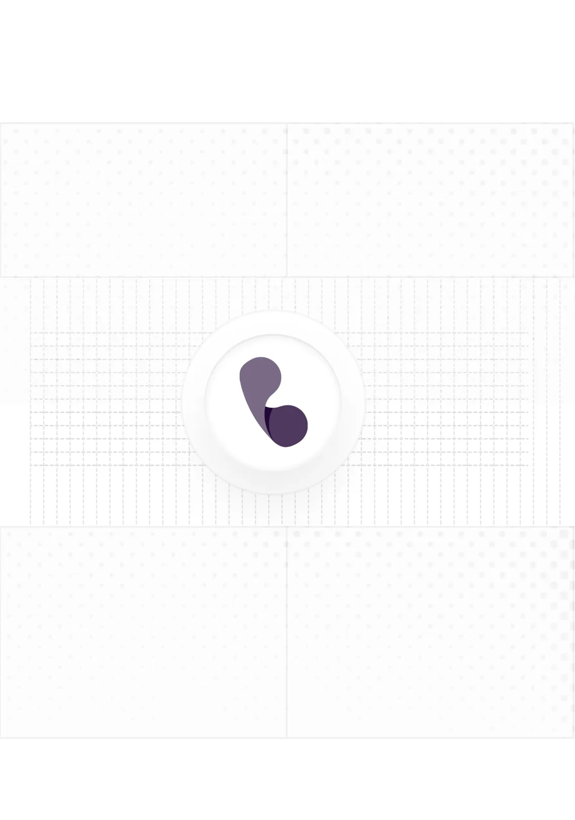 Logo consisting of two abstract purple shapes resembling a stylized comma and dot inside a white circle on a light dotted grid background.