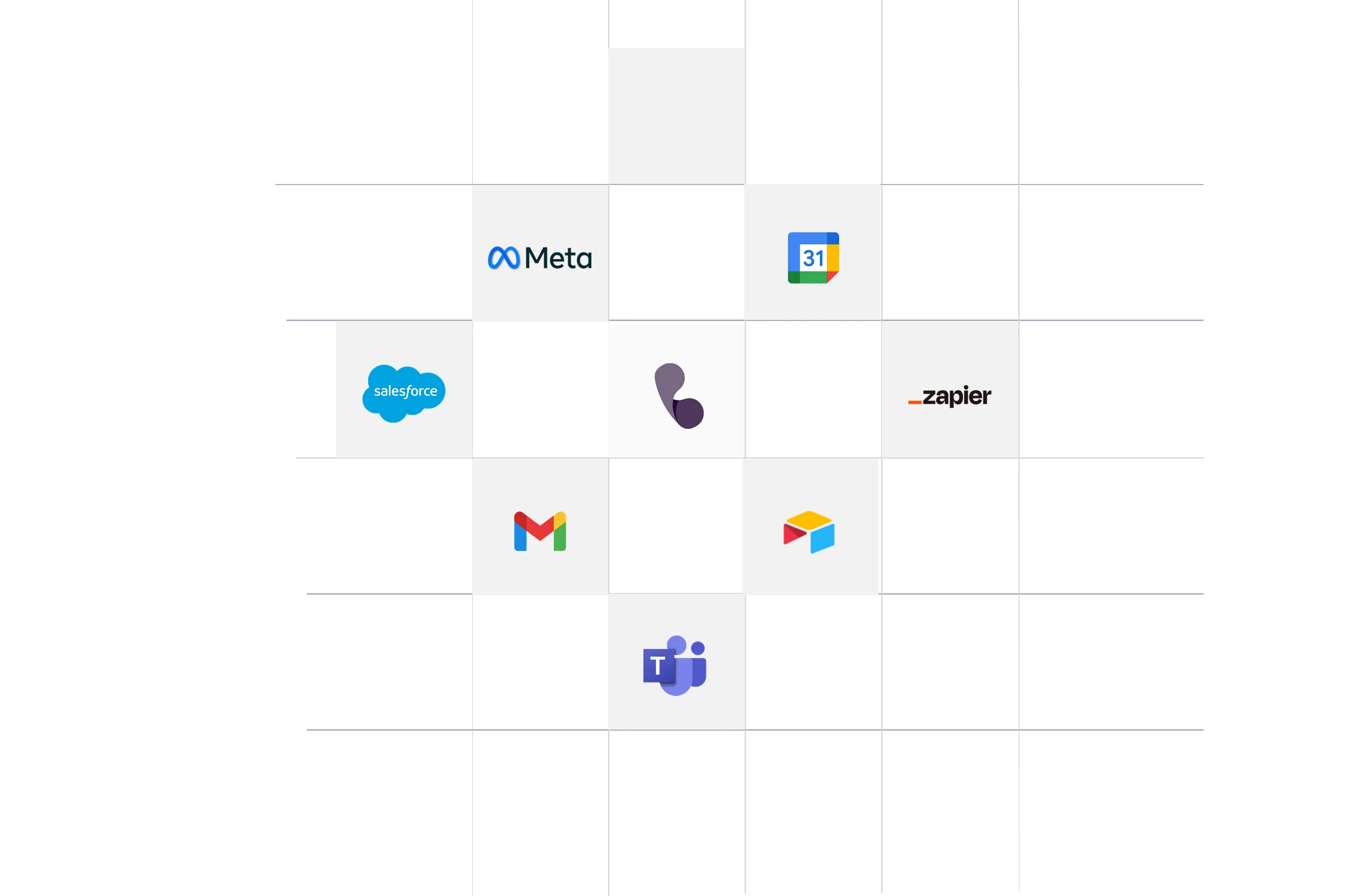 Grid showing logos of partner integrations including Meta, Google Calendar, Salesforce, Zapier, Gmail, Airtable, and Microsoft Teams.