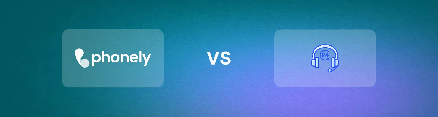 Side-by-side comparison showing the Phonely logo on the left and a blue customer support headset icon with 24-hour service on the right, separated by 'VS'.