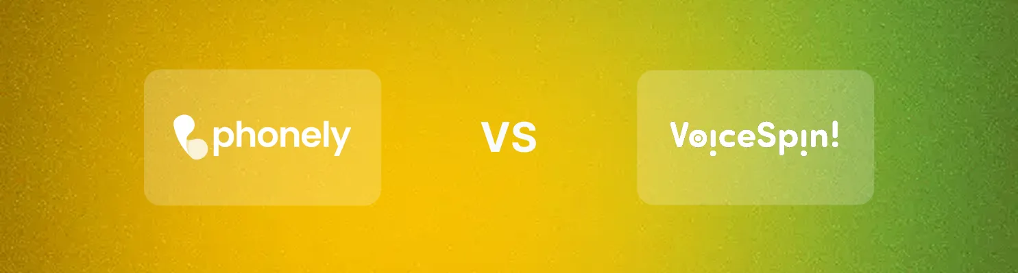 Comparison graphic showing phonely logo on the left and VoiceSpin! logo on the right with 'VS' in the center on a yellow-green gradient background.