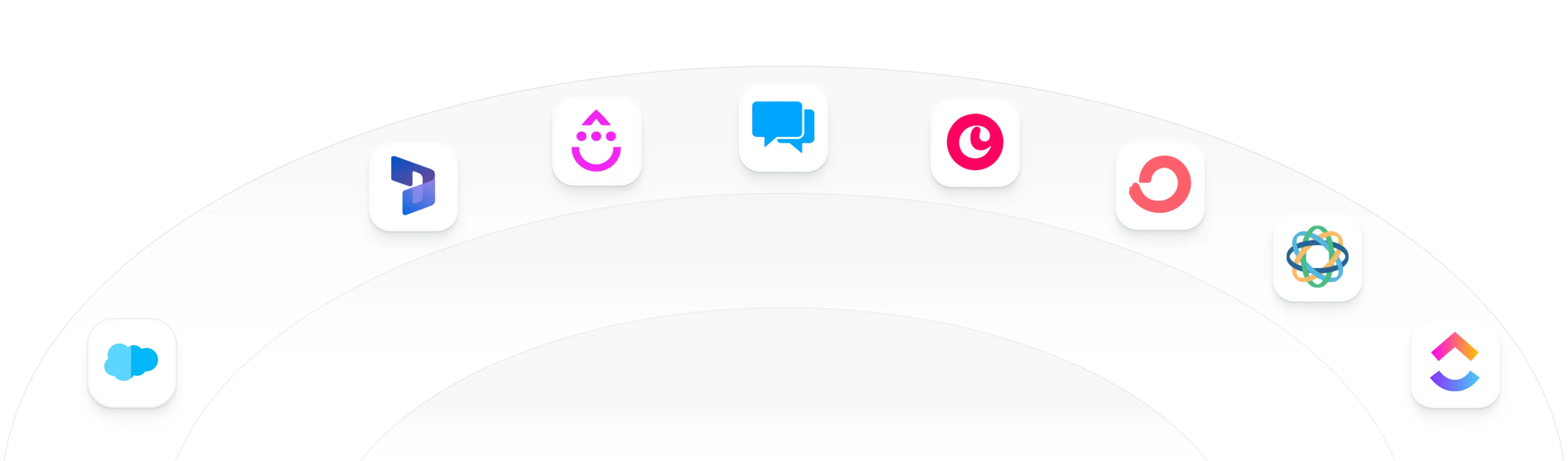 Array of app icons arranged in a semicircle on a white background.