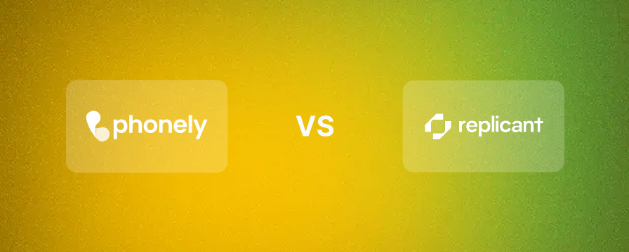 Comparison graphic with Phonely logo on the left and Replicant logo on the right separated by 'VS' text.
