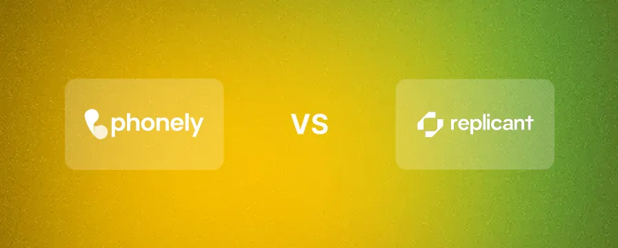 Comparison graphic with Phonely logo on the left and Replicant logo on the right separated by 'VS' text.
