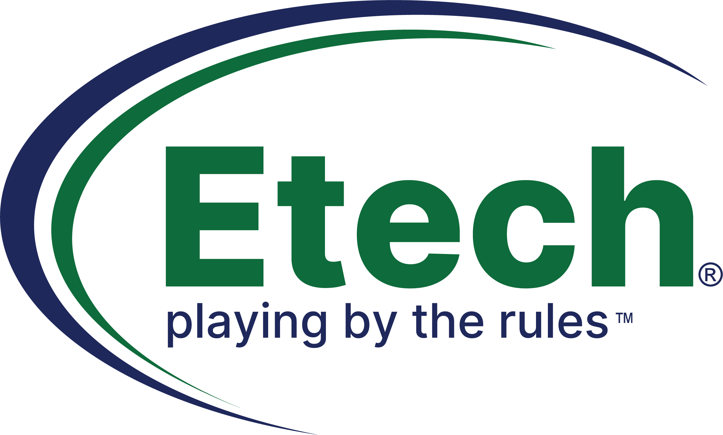 Etech logo with green text and swoosh design, slogan 'playing by the rules' below.