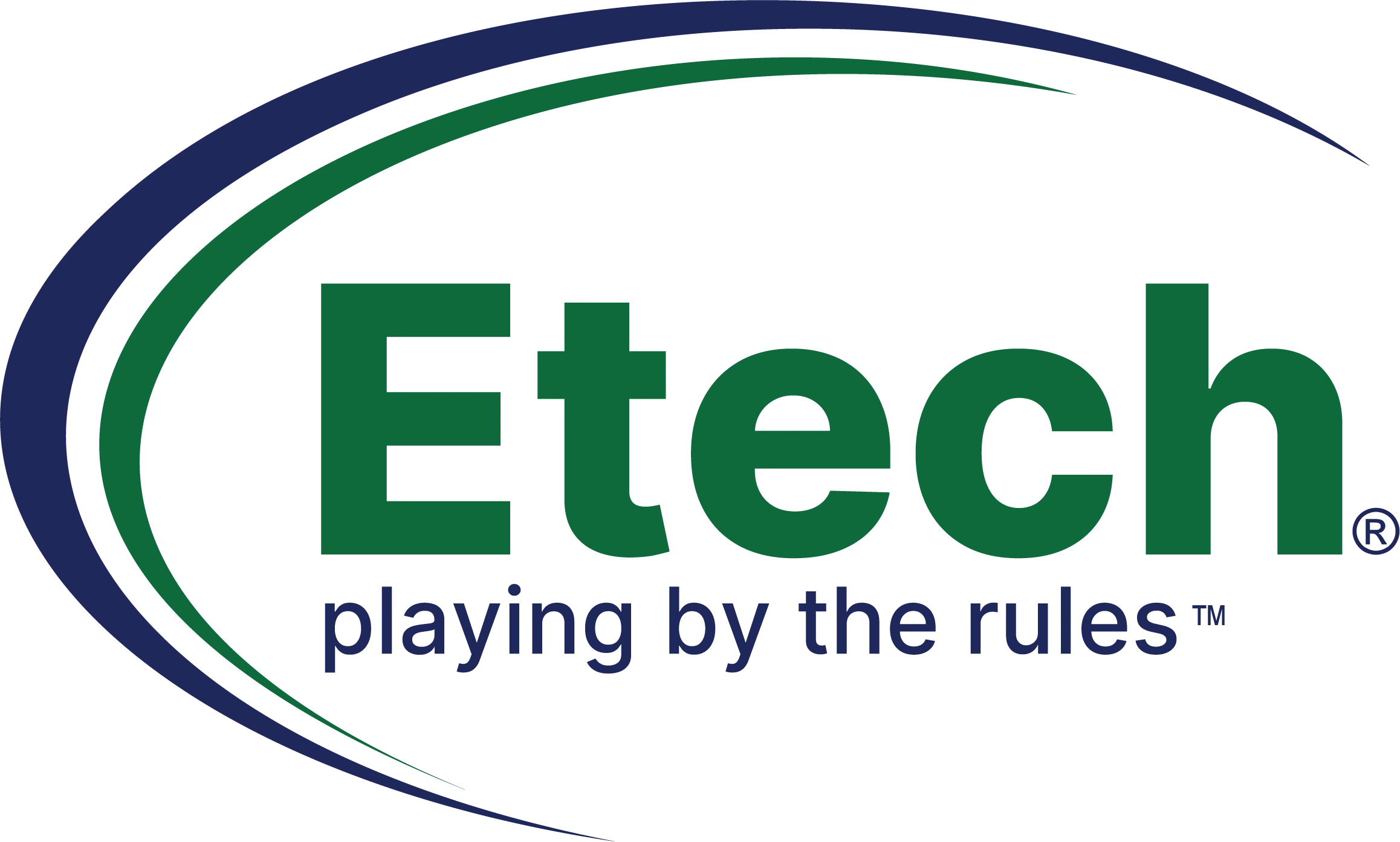 Etech logo with green text and swoosh design, slogan 'playing by the rules' below.