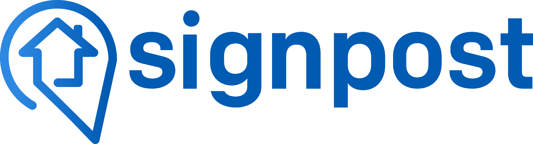 Blue Signpost logo with a stylized map pin enclosing a house icon to the left of the word 'signpost'.