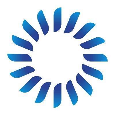 Circular abstract logo with blue gradient curved shapes forming a ring.