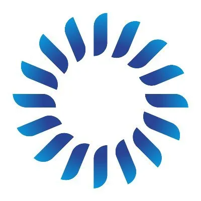 Circular abstract logo with blue gradient curved shapes forming a ring.