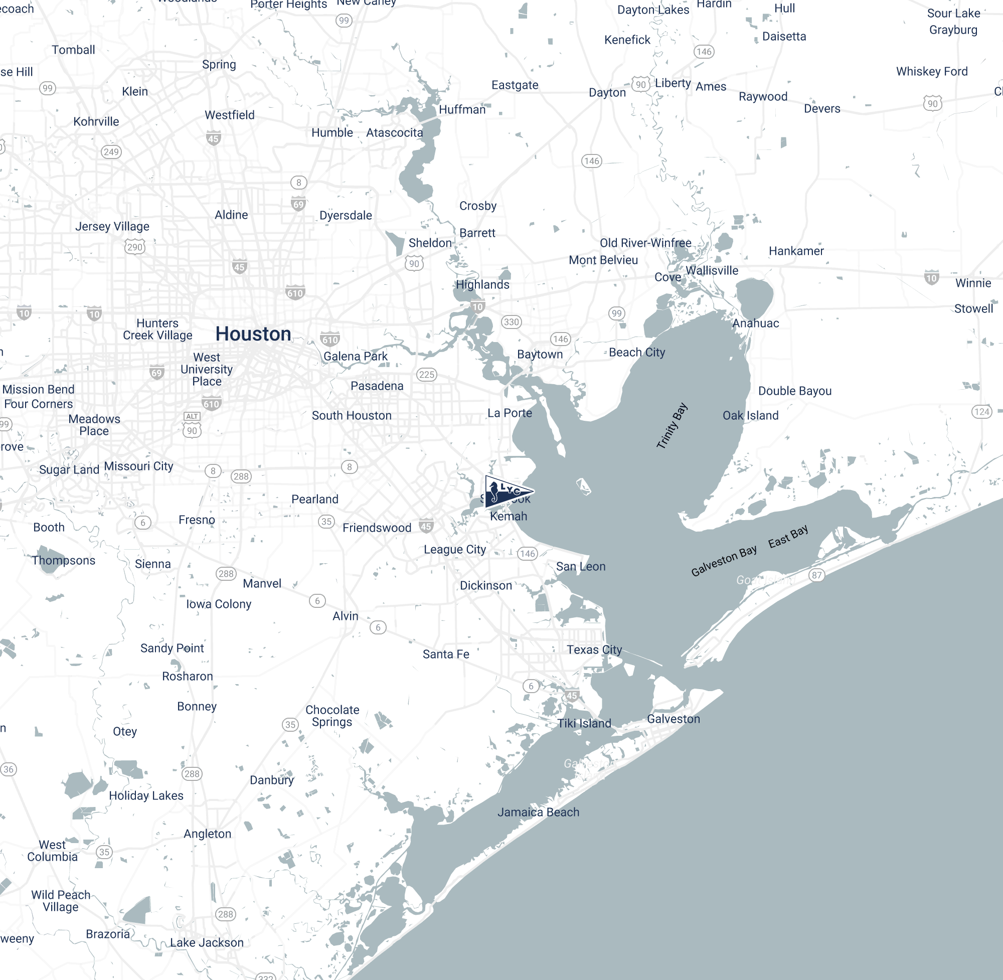 Map showing Houston and surrounding cities including Pasadena, Pearland, Galveston, League City, and coastal bays like Galveston Bay and Trinity Bay in Texas.
