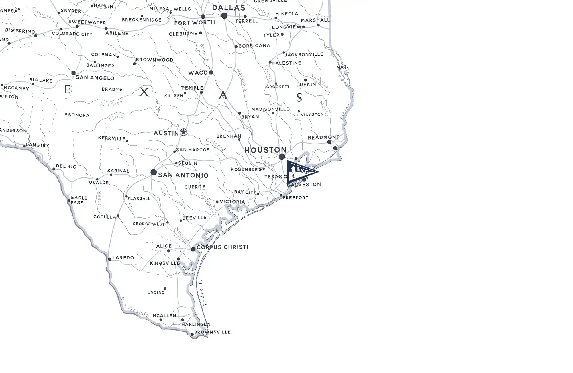 Map showing the southeastern part of Texas