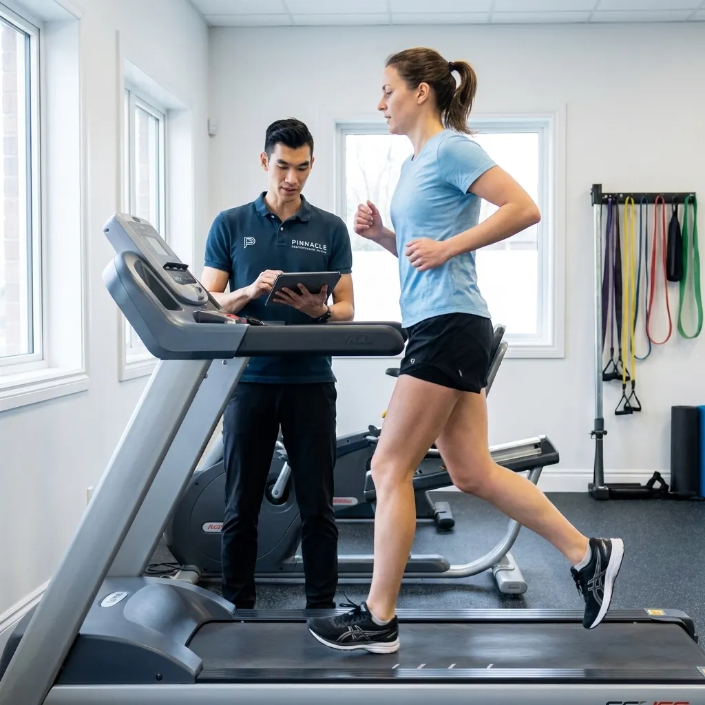 Physical therapist conducting a running gait analysis with a patient at a sports physical therapy clinic in Bellevue, WA