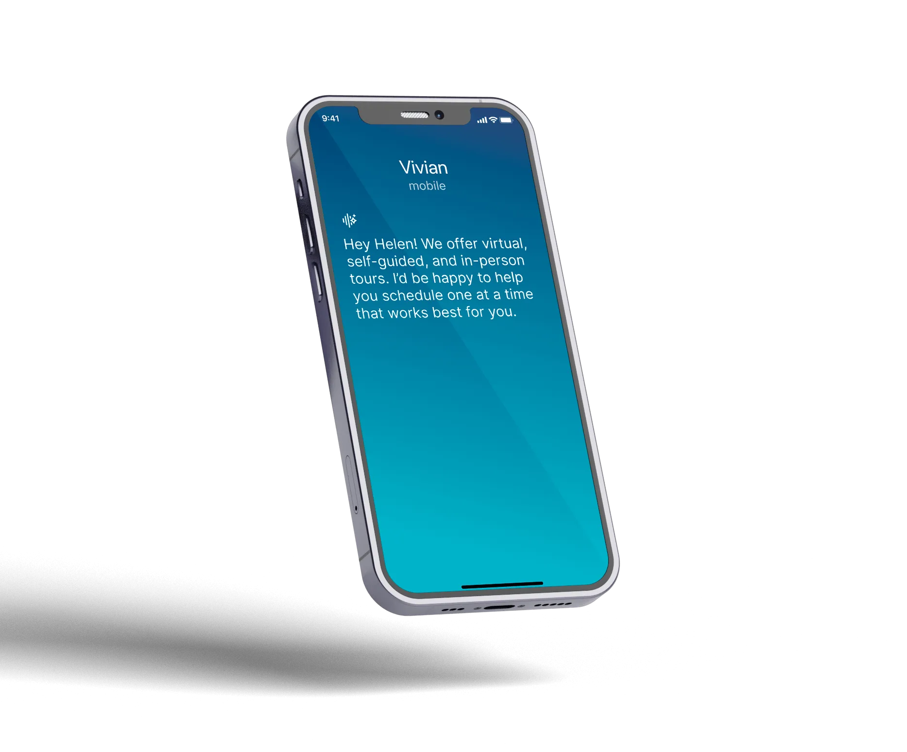 iPhone screen shows call from Vivian offering virtual, self-guided, and in-person tours to Helen.