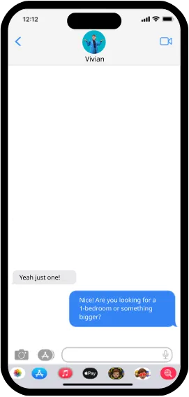 Text chat on phone screen: 'Yeah just one!' and reply about 1-bedroom or something bigger.