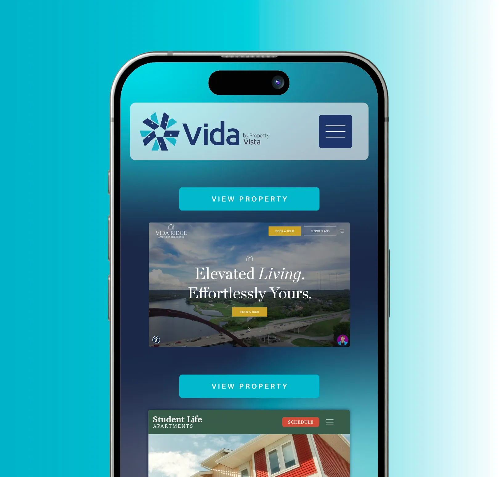Smartphone screen showing Vida by Property Vista website with property listings and view property buttons.