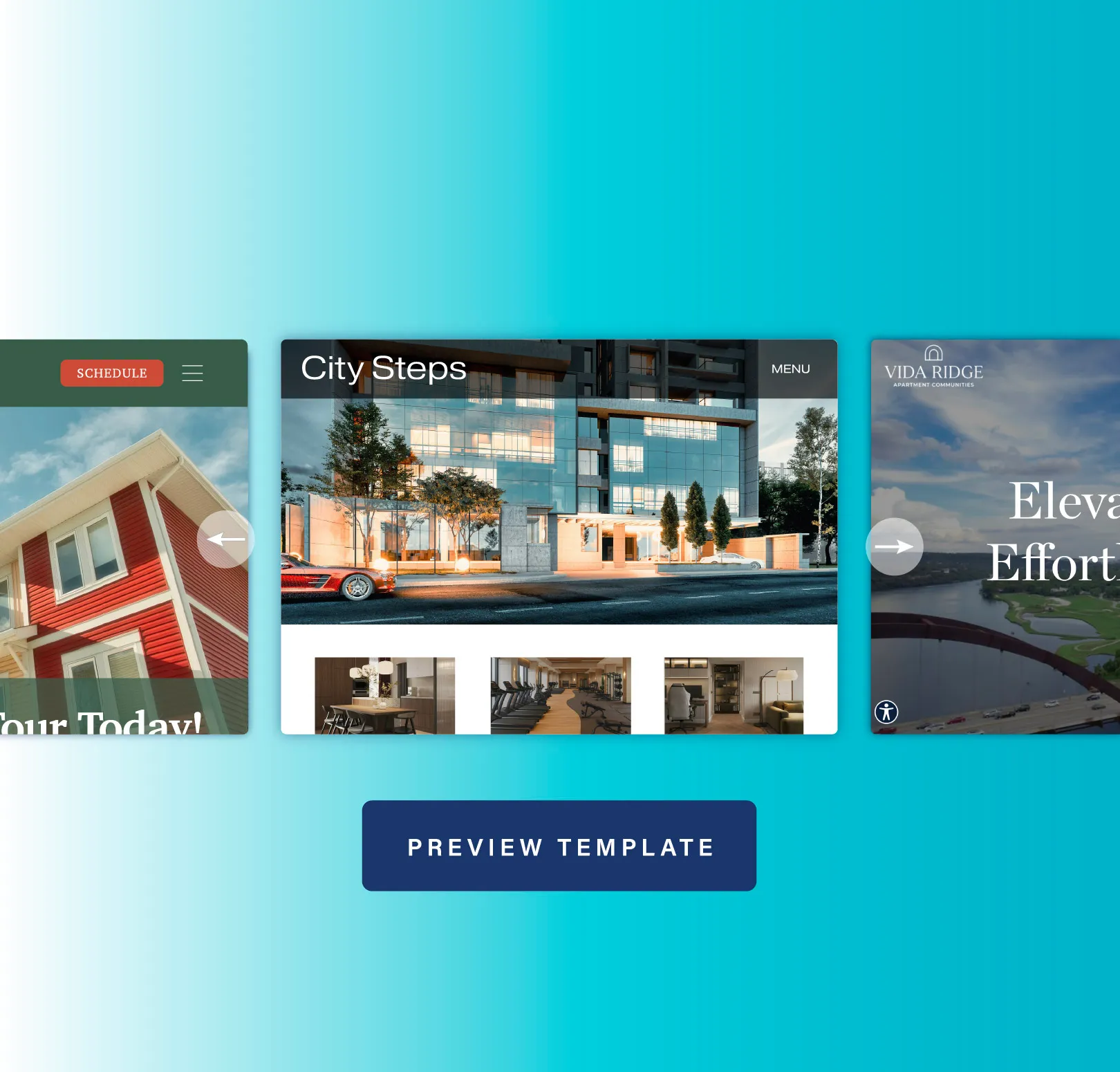 Three real estate website templates on blue background with a preview template button below.
