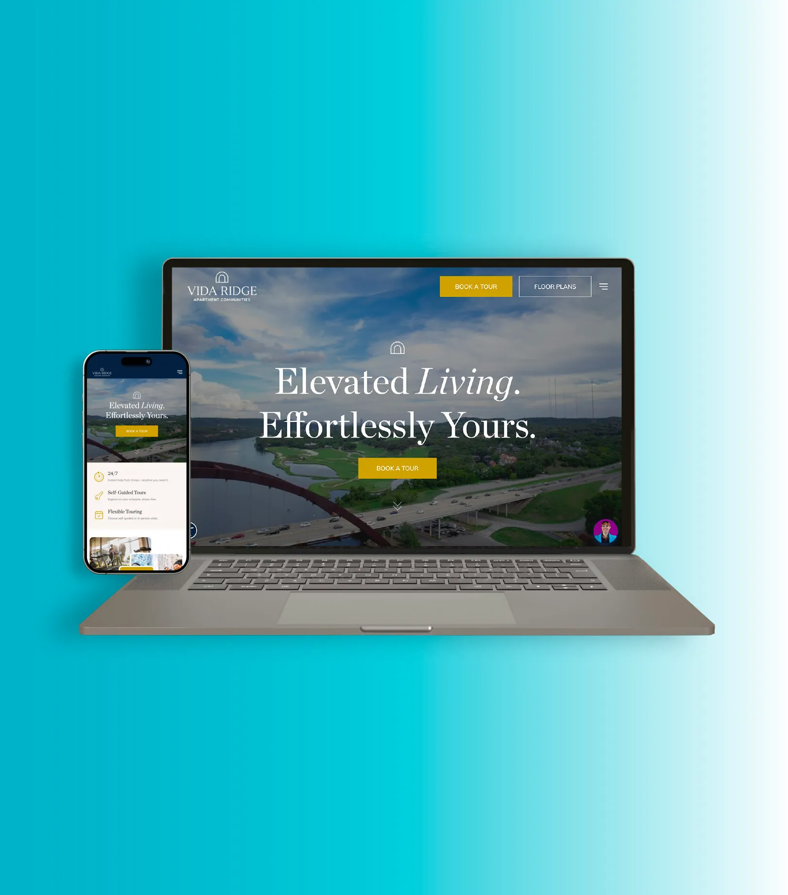 Laptop and smartphone showing Vida Ridge website with tagline Elevated Living. Effortlessly Yours.