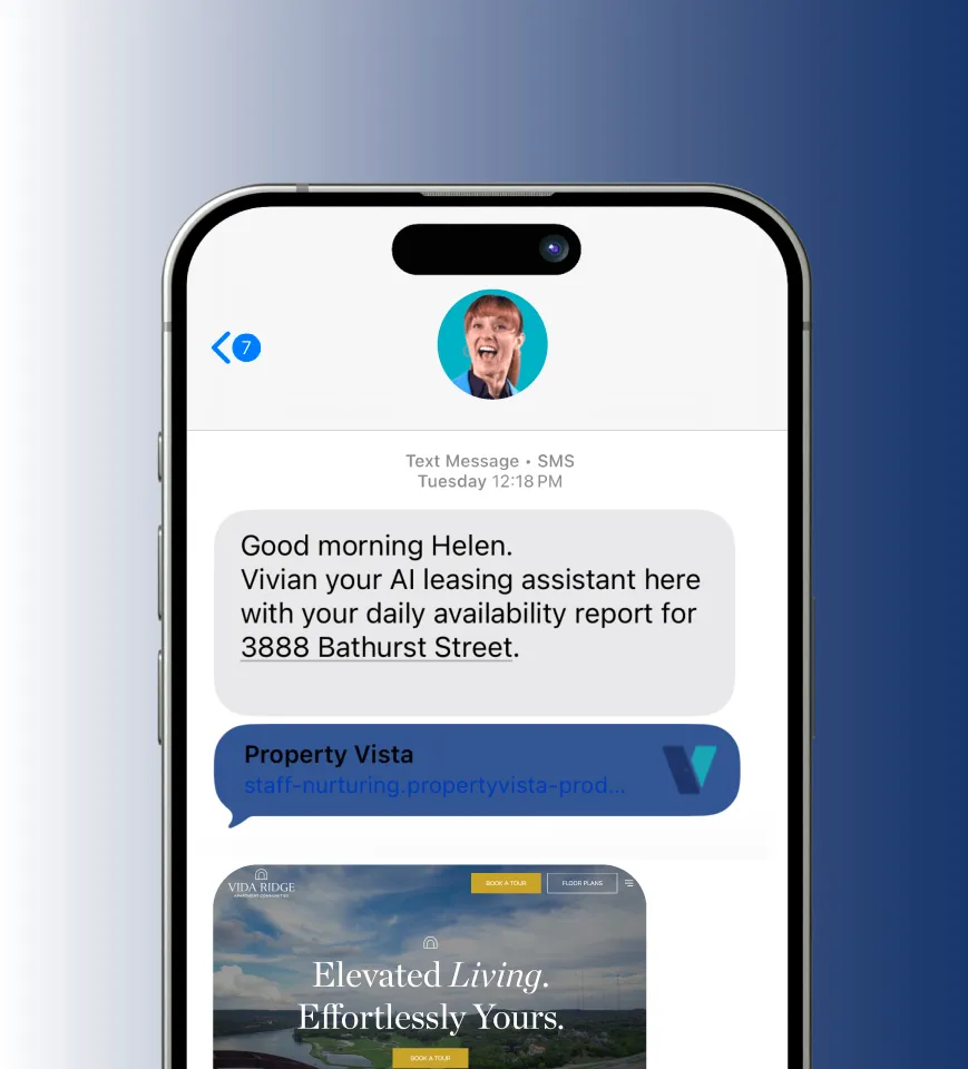 Phone screen showing a text from AI assistant Vivian with a daily report for 3888 Bathurst Street.