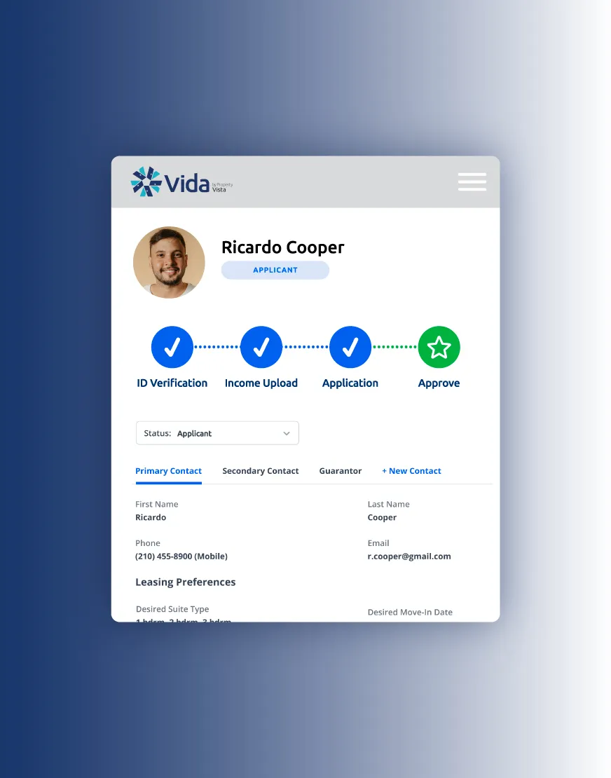 User interface screen showing rental application progress for Ricardo Cooper with completed steps and contact details.