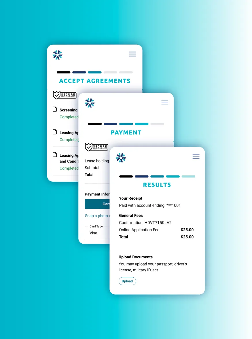 Three mobile screens showing lease agreement acceptance, payment details, and receipt with document upload option.